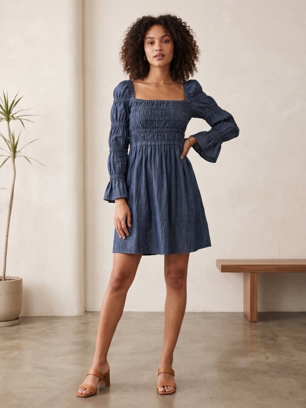 SEA NY Blue denim chambray Smocked Mini Dress size 2